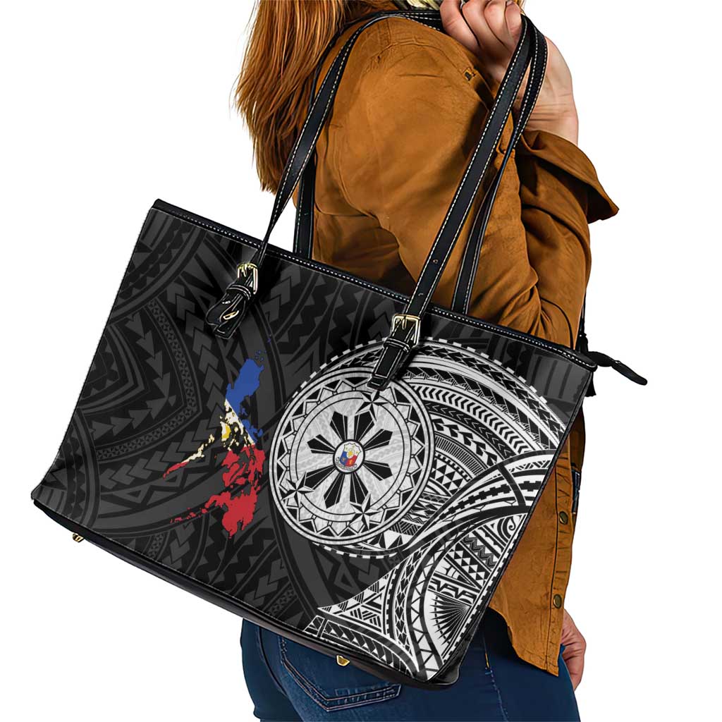 Philippines Strong Leather Tote Bag Filipino Map Polynesian Tattoo - Wonder Print Shop
