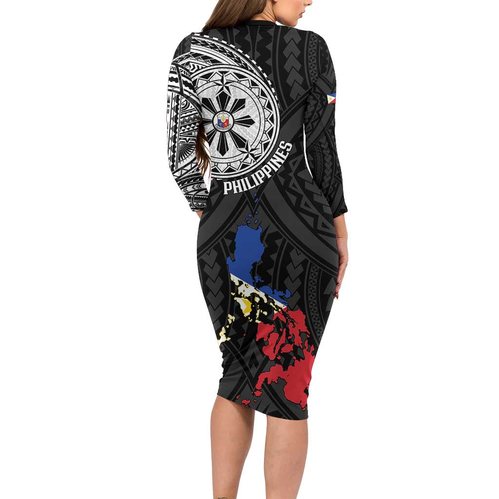 Philippines Strong Long Sleeve Bodycon Dress Filipino Map Polynesian Tattoo - Wonder Print Shop