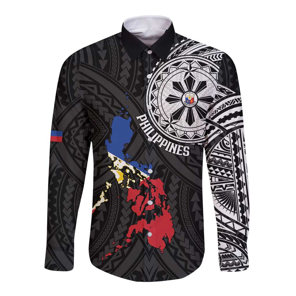 Philippines Strong Long Sleeve Button Shirt Filipino Map Polynesian Tattoo - Wonder Print Shop