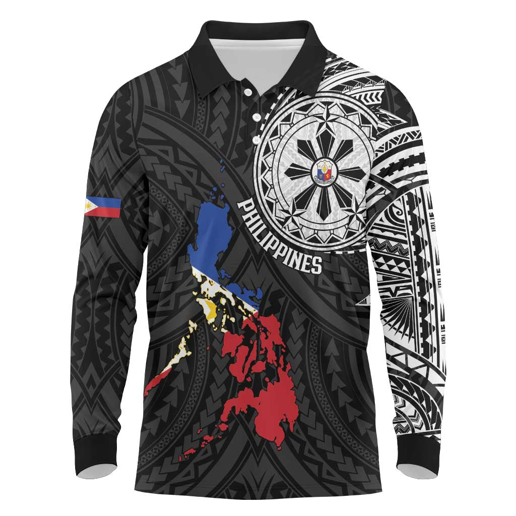 Philippines Strong Long Sleeve Polo Shirt Filipino Map Polynesian Tattoo - Wonder Print Shop