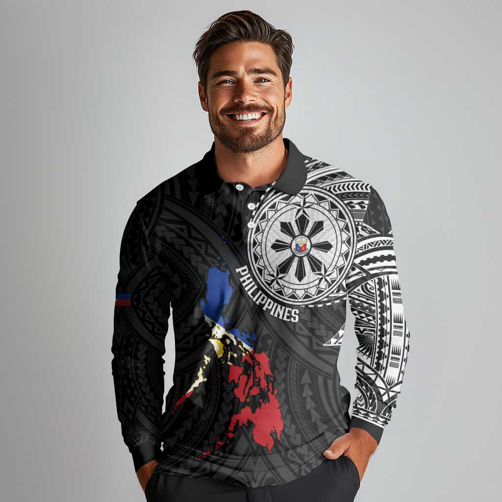 Philippines Strong Long Sleeve Polo Shirt Filipino Map Polynesian Tattoo - Wonder Print Shop