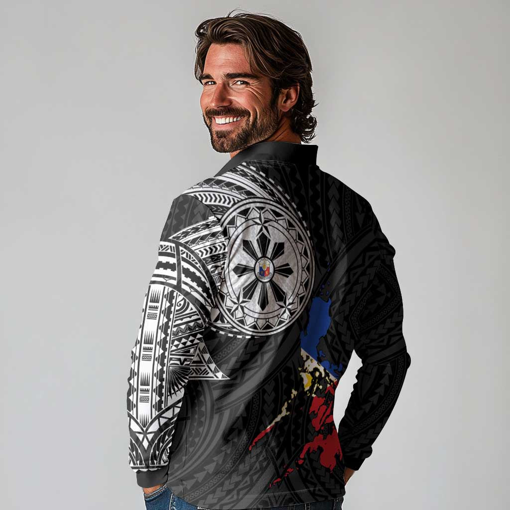 Philippines Strong Long Sleeve Polo Shirt Filipino Map Polynesian Tattoo - Wonder Print Shop