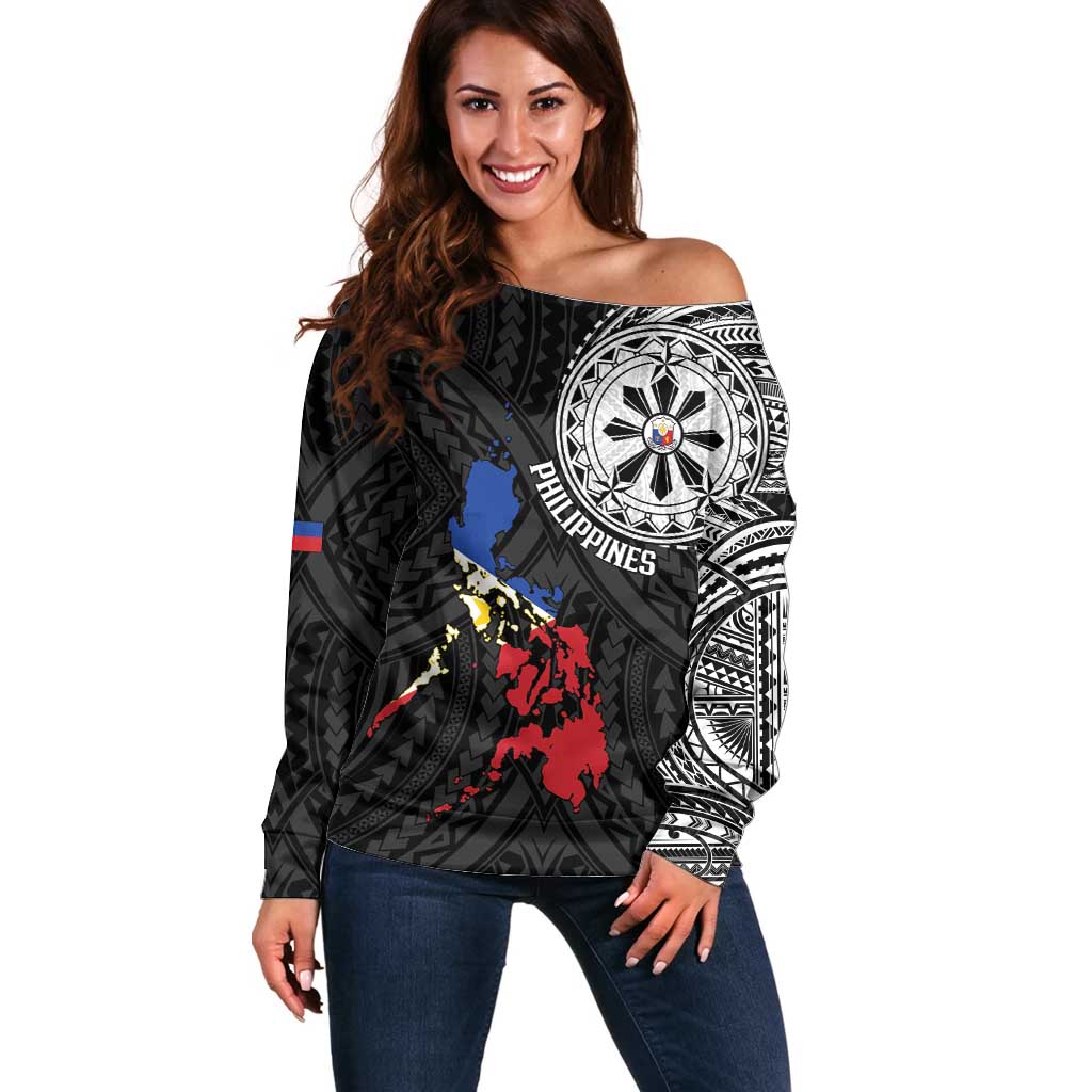 Philippines Strong Off Shoulder Sweater Filipino Map Polynesian Tattoo - Wonder Print Shop
