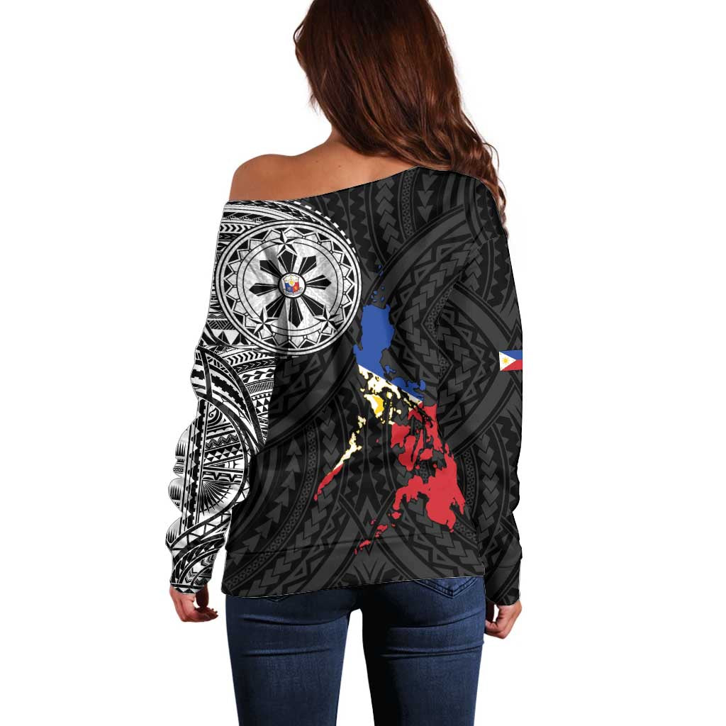 Philippines Strong Off Shoulder Sweater Filipino Map Polynesian Tattoo - Wonder Print Shop