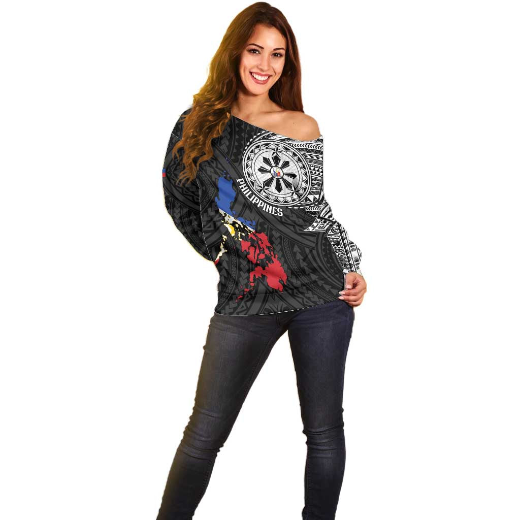 Philippines Strong Off Shoulder Sweater Filipino Map Polynesian Tattoo - Wonder Print Shop