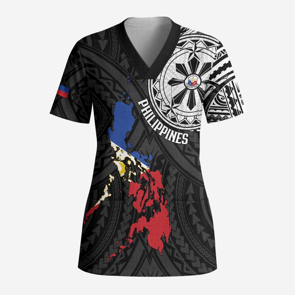 Philippines Strong Scrub Top Filipino Map Polynesian Tattoo - Wonder Print Shop