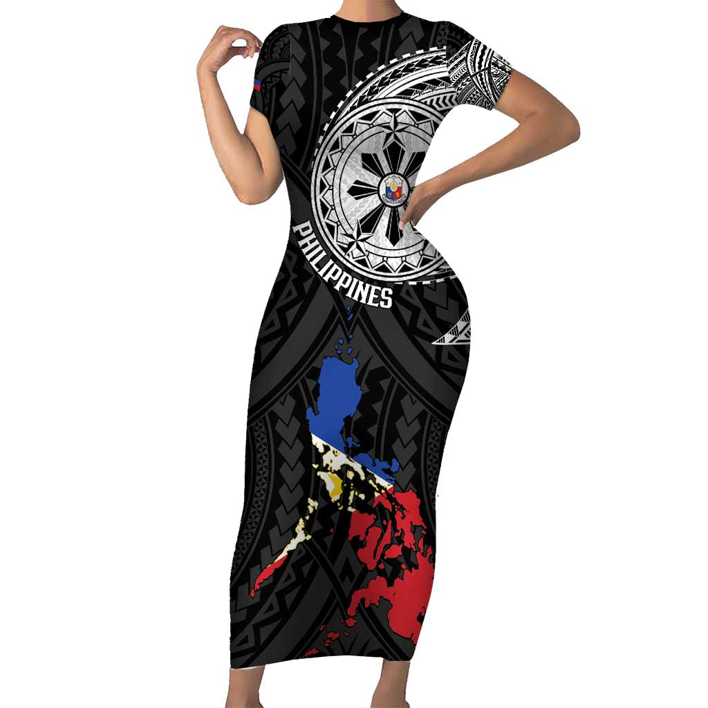 Philippines Strong Short Sleeve Bodycon Dress Filipino Map Polynesian Tattoo - Wonder Print Shop