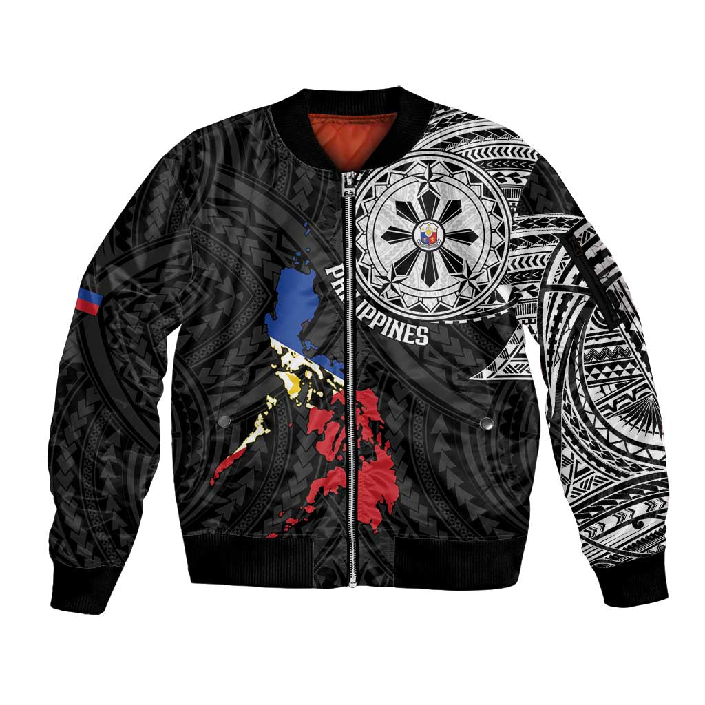 Philippines Strong Sleeve Zip Bomber Jacket Filipino Map Polynesian Tattoo - Wonder Print Shop