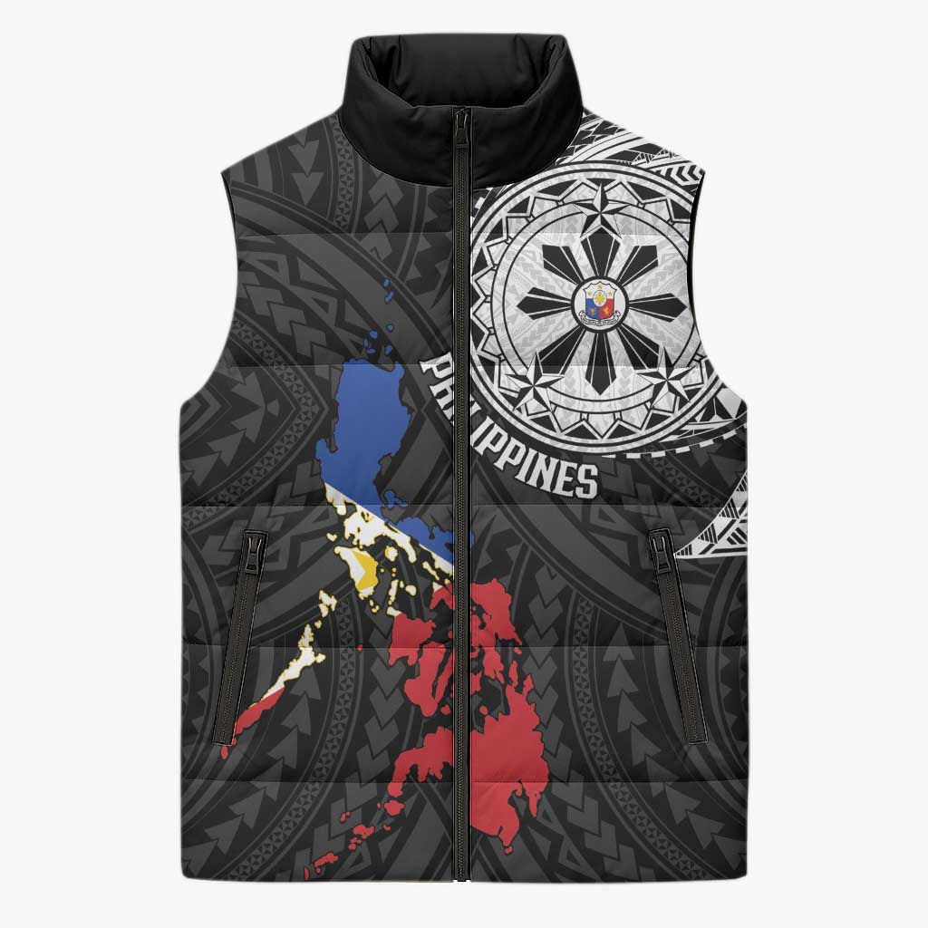 Philippines Strong Sleeveless Puffer Jacket Filipino Map Polynesian Tattoo - Wonder Print Shop