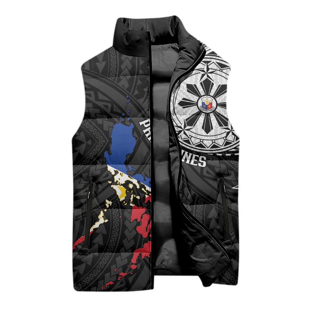Philippines Strong Sleeveless Puffer Jacket Filipino Map Polynesian Tattoo - Wonder Print Shop