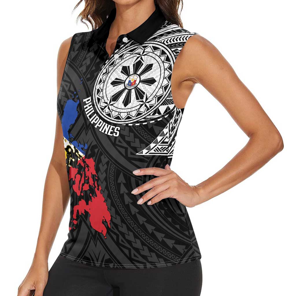 Philippines Strong Women Sleeveless Polo Shirt Filipino Map Polynesian Tattoo - Wonder Print Shop