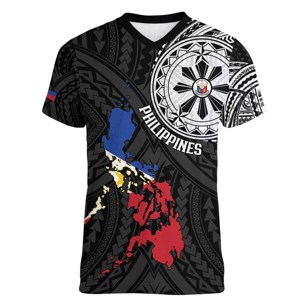 Philippines Strong Women V-Neck T-Shirt Filipino Map Polynesian Tattoo - Wonder Print Shop