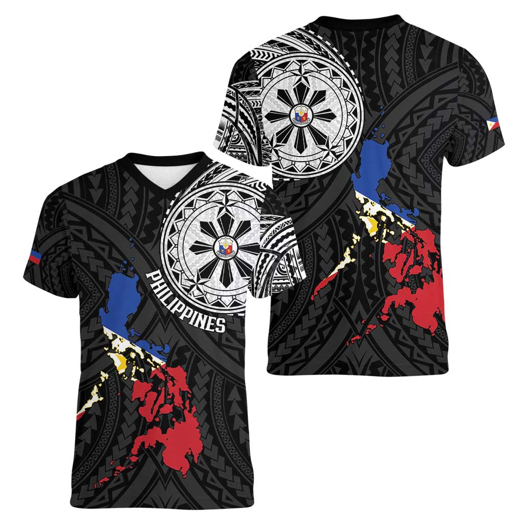 Philippines Strong Women V-Neck T-Shirt Filipino Map Polynesian Tattoo - Wonder Print Shop