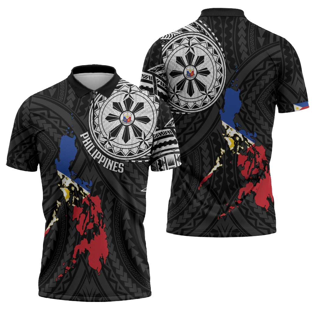 Philippines Strong Zipper Polo Shirt Filipino Map Polynesian Tattoo - Wonder Print Shop