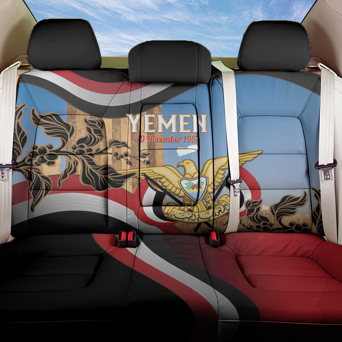 Personalised Yemen Independence Day Back Car Seat Cover Awwam Temple With Coat Of Arms Proud - Wonder Print Shop