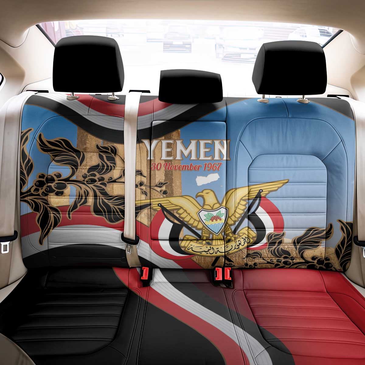 Personalised Yemen Independence Day Back Car Seat Cover Awwam Temple With Coat Of Arms Proud - Wonder Print Shop
