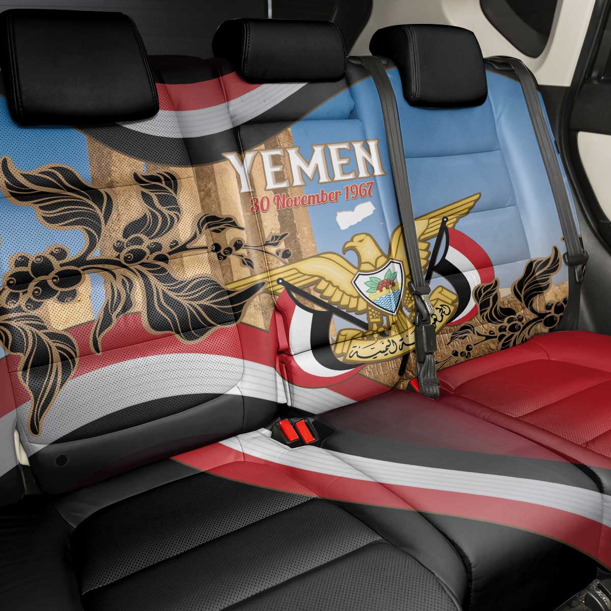 Personalised Yemen Independence Day Back Car Seat Cover Awwam Temple With Coat Of Arms Proud - Wonder Print Shop
