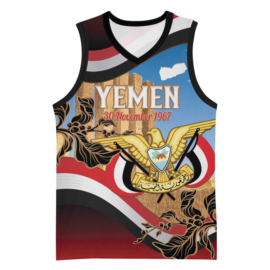 Personalised Yemen Independence Day Basketball Jersey Awwam Temple With Coat Of Arms Proud - Wonder Print Shop