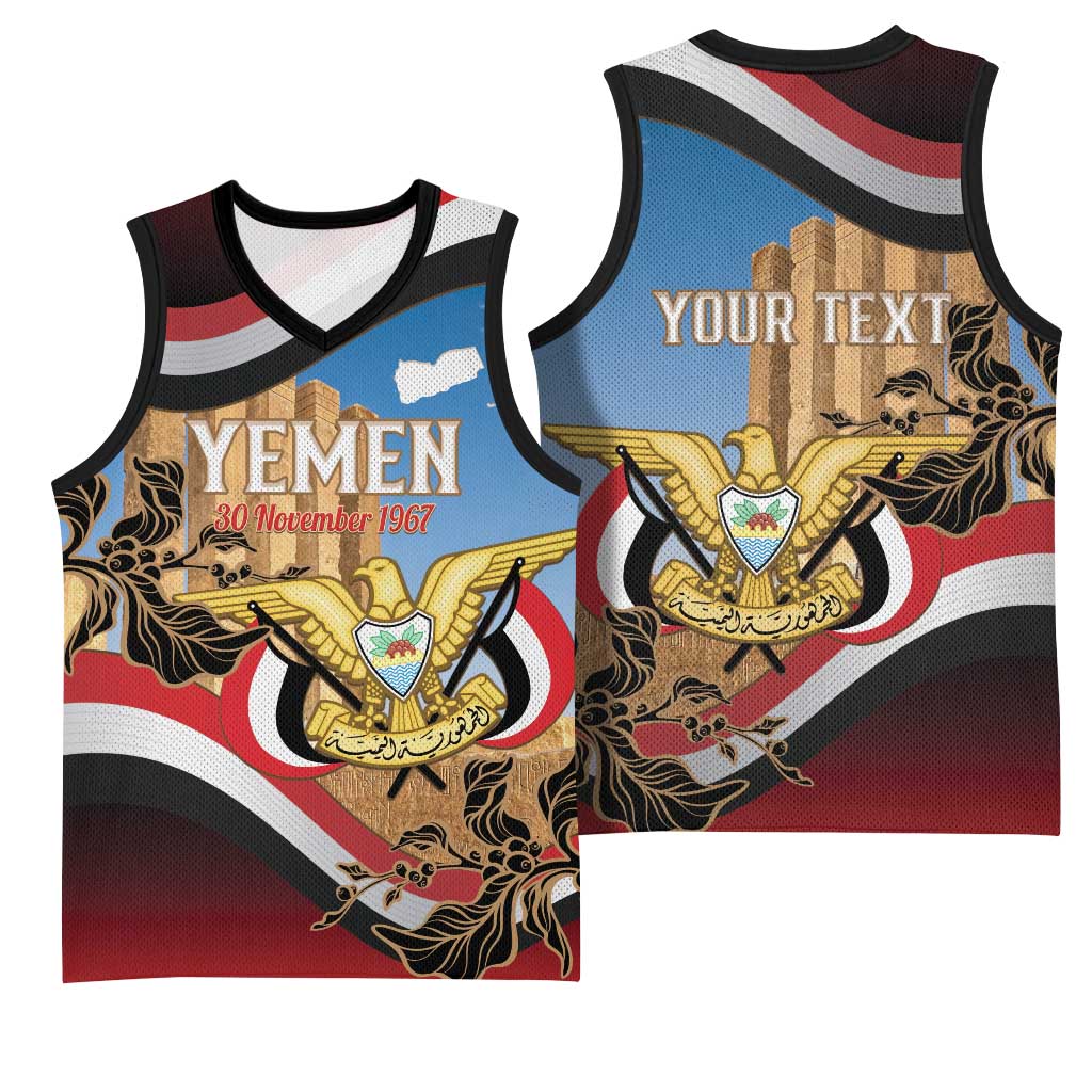 Personalised Yemen Independence Day Basketball Jersey Awwam Temple With Coat Of Arms Proud - Wonder Print Shop