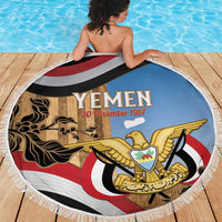 Personalised Yemen Independence Day Beach Blanket Awwam Temple With Coat Of Arms Proud - Wonder Print Shop