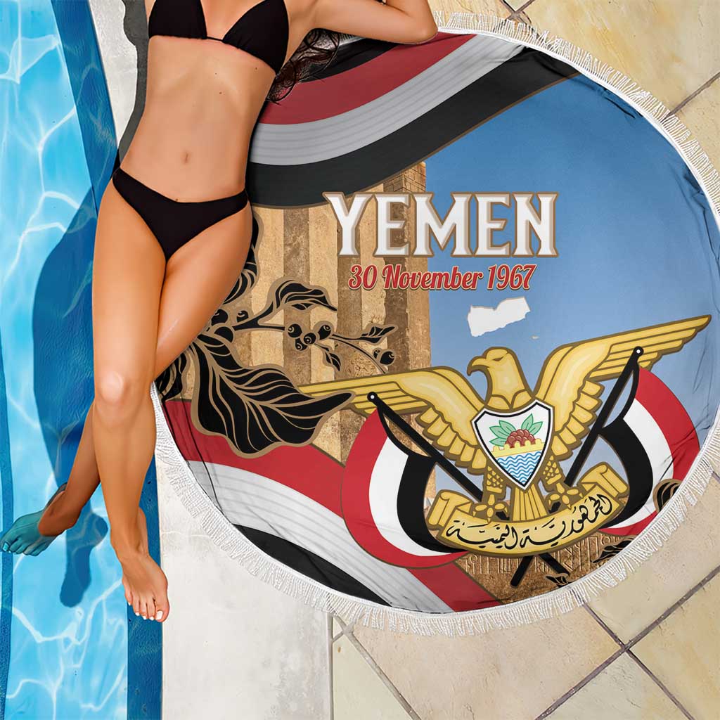 Personalised Yemen Independence Day Beach Blanket Awwam Temple With Coat Of Arms Proud - Wonder Print Shop