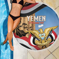 Personalised Yemen Independence Day Beach Blanket Awwam Temple With Coat Of Arms Proud - Wonder Print Shop