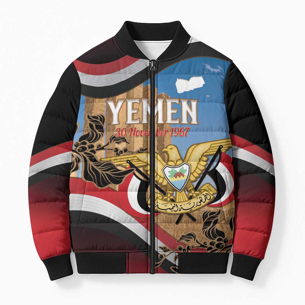 Personalised Yemen Independence Day Bomber Puffer Jacket Awwam Temple With Coat Of Arms Proud - Wonder Print Shop