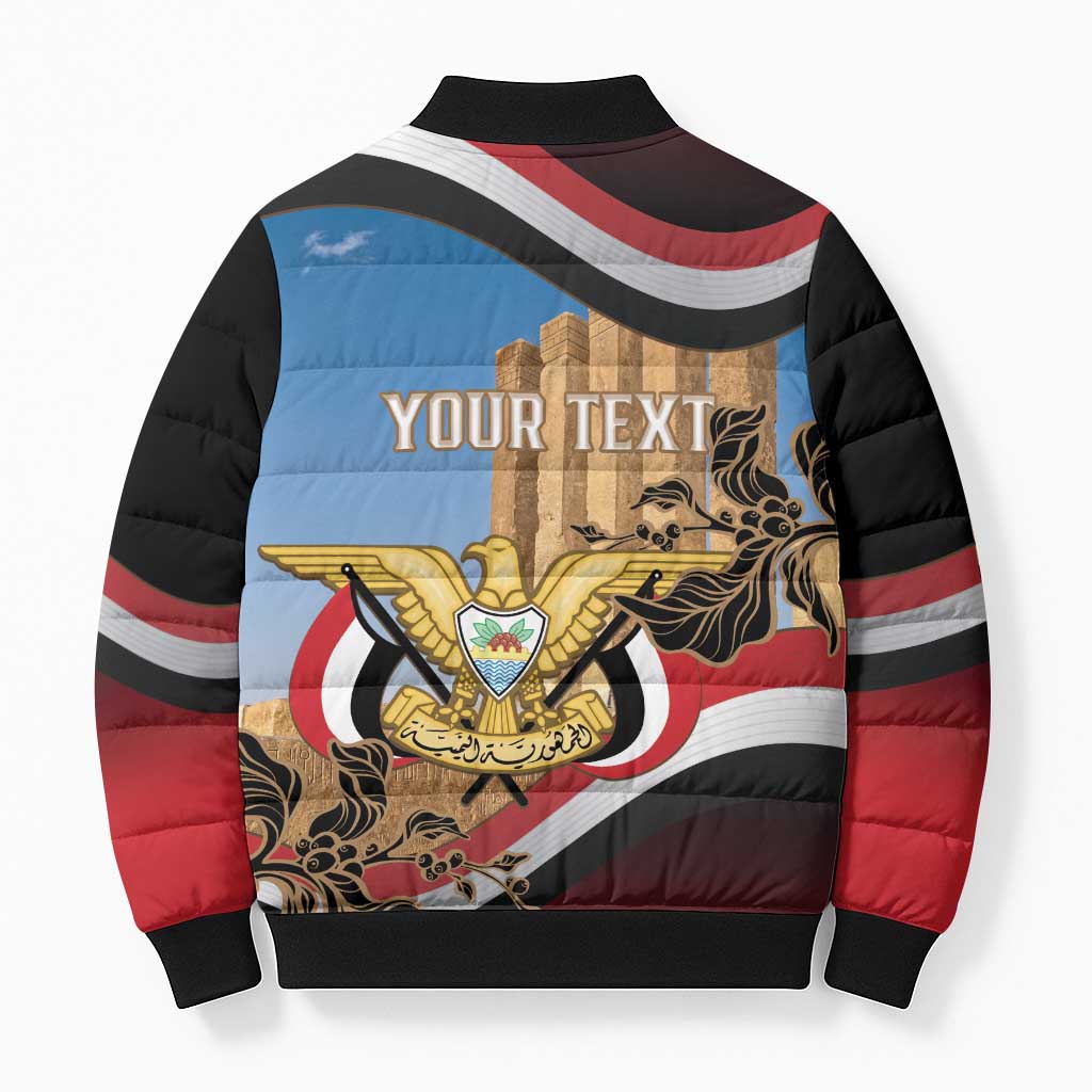 Personalised Yemen Independence Day Bomber Puffer Jacket Awwam Temple With Coat Of Arms Proud - Wonder Print Shop