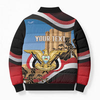 Personalised Yemen Independence Day Bomber Puffer Jacket Awwam Temple With Coat Of Arms Proud - Wonder Print Shop