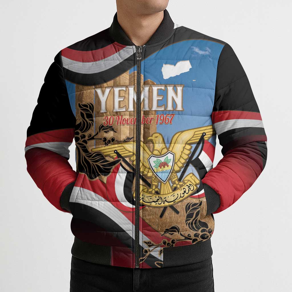 Personalised Yemen Independence Day Bomber Puffer Jacket Awwam Temple With Coat Of Arms Proud - Wonder Print Shop