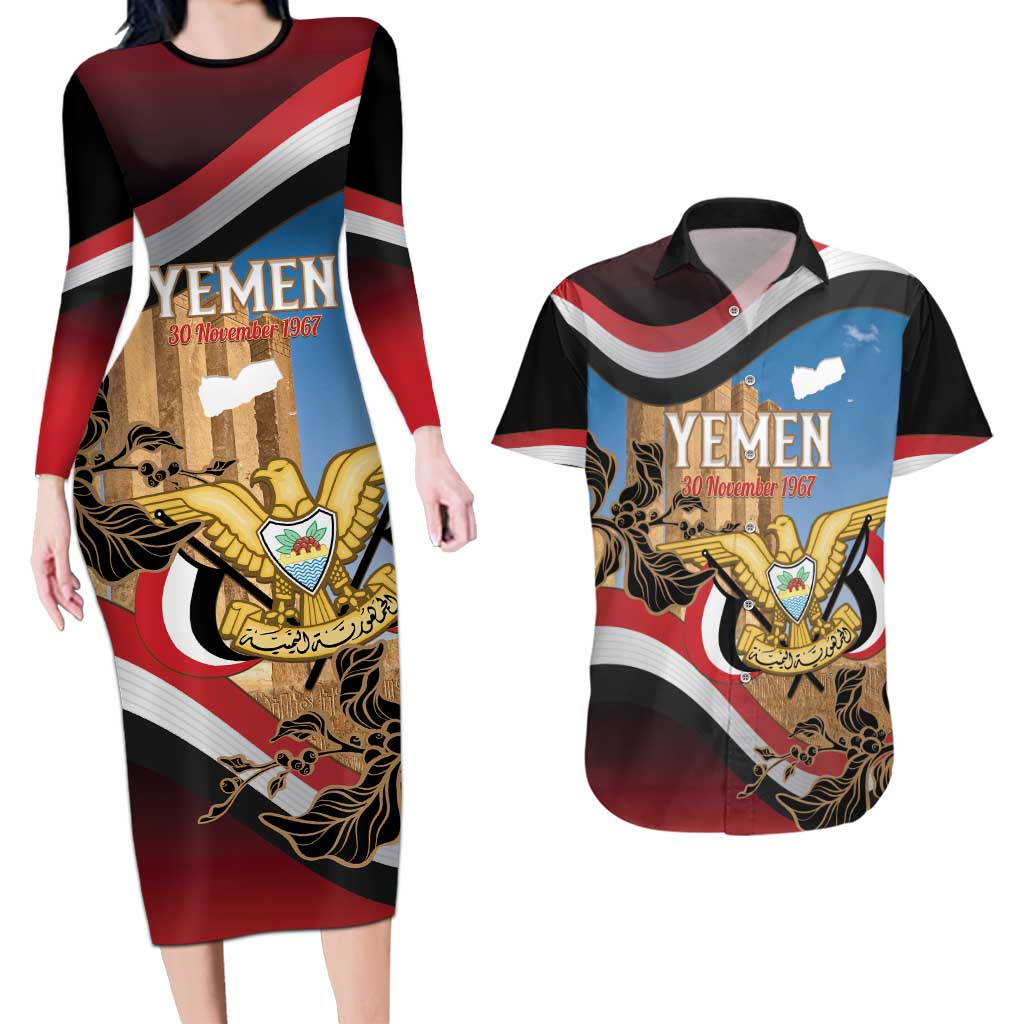 Personalised Yemen Independence Day Couples Matching Long Sleeve Bodycon Dress and Hawaiian Shirt Awwam Temple With Coat Of Arms Proud - Wonder Print Shop