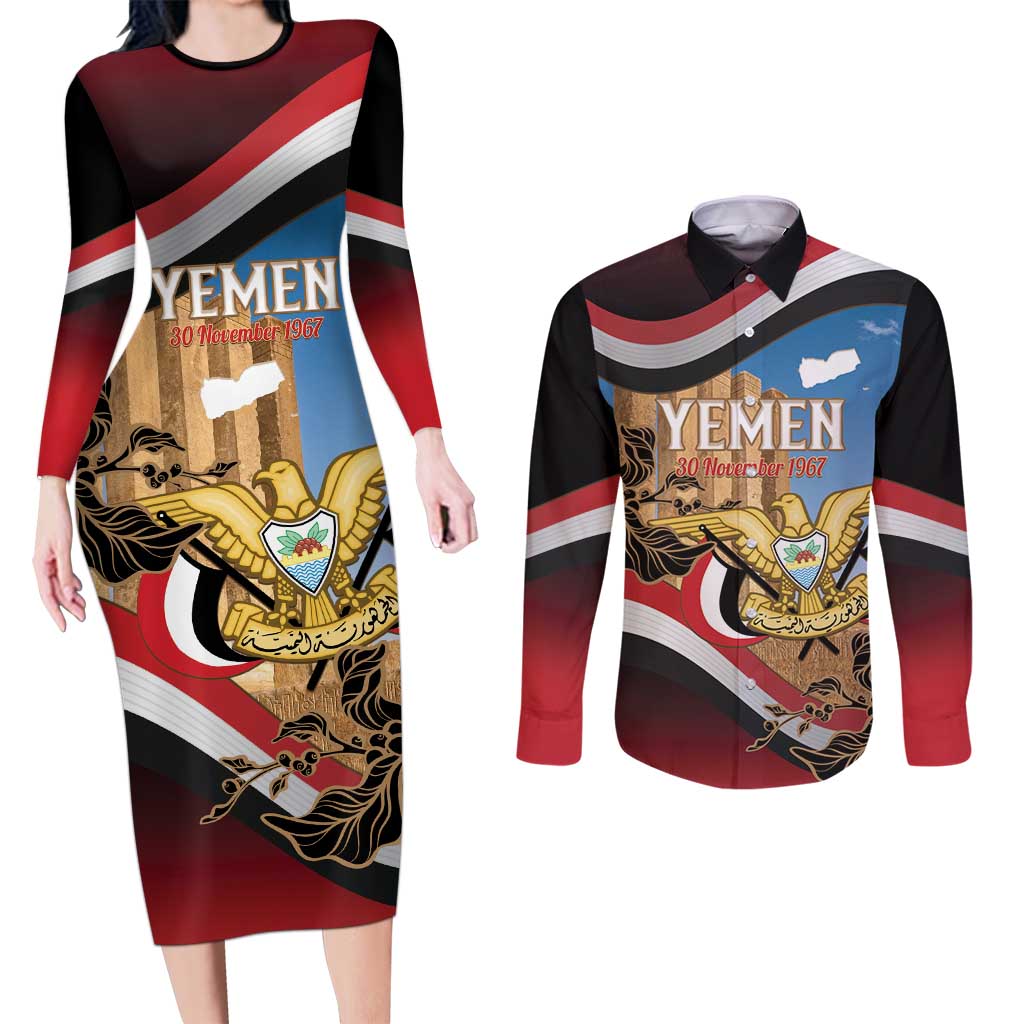 Personalised Yemen Independence Day Couples Matching Long Sleeve Bodycon Dress and Long Sleeve Button Shirt Awwam Temple With Coat Of Arms Proud - Wonder Print Shop