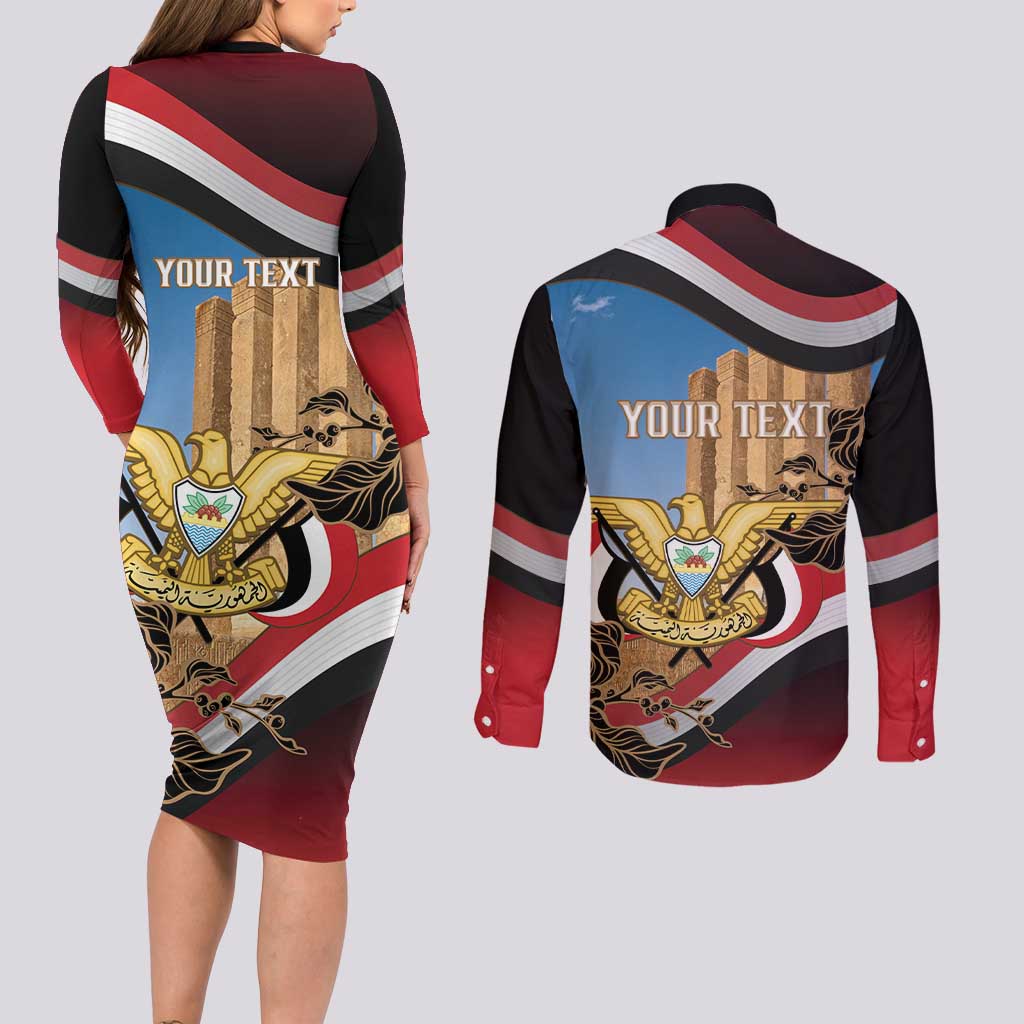 Personalised Yemen Independence Day Couples Matching Long Sleeve Bodycon Dress and Long Sleeve Button Shirt Awwam Temple With Coat Of Arms Proud - Wonder Print Shop