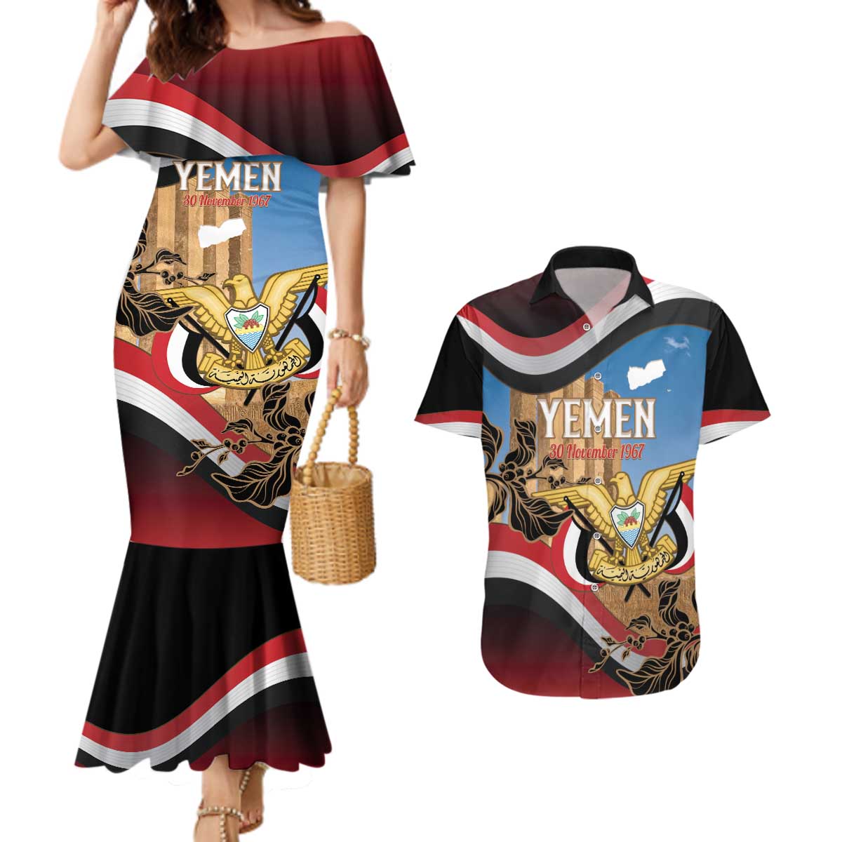 Personalised Yemen Independence Day Couples Matching Mermaid Dress and Hawaiian Shirt Awwam Temple With Coat Of Arms Proud - Wonder Print Shop