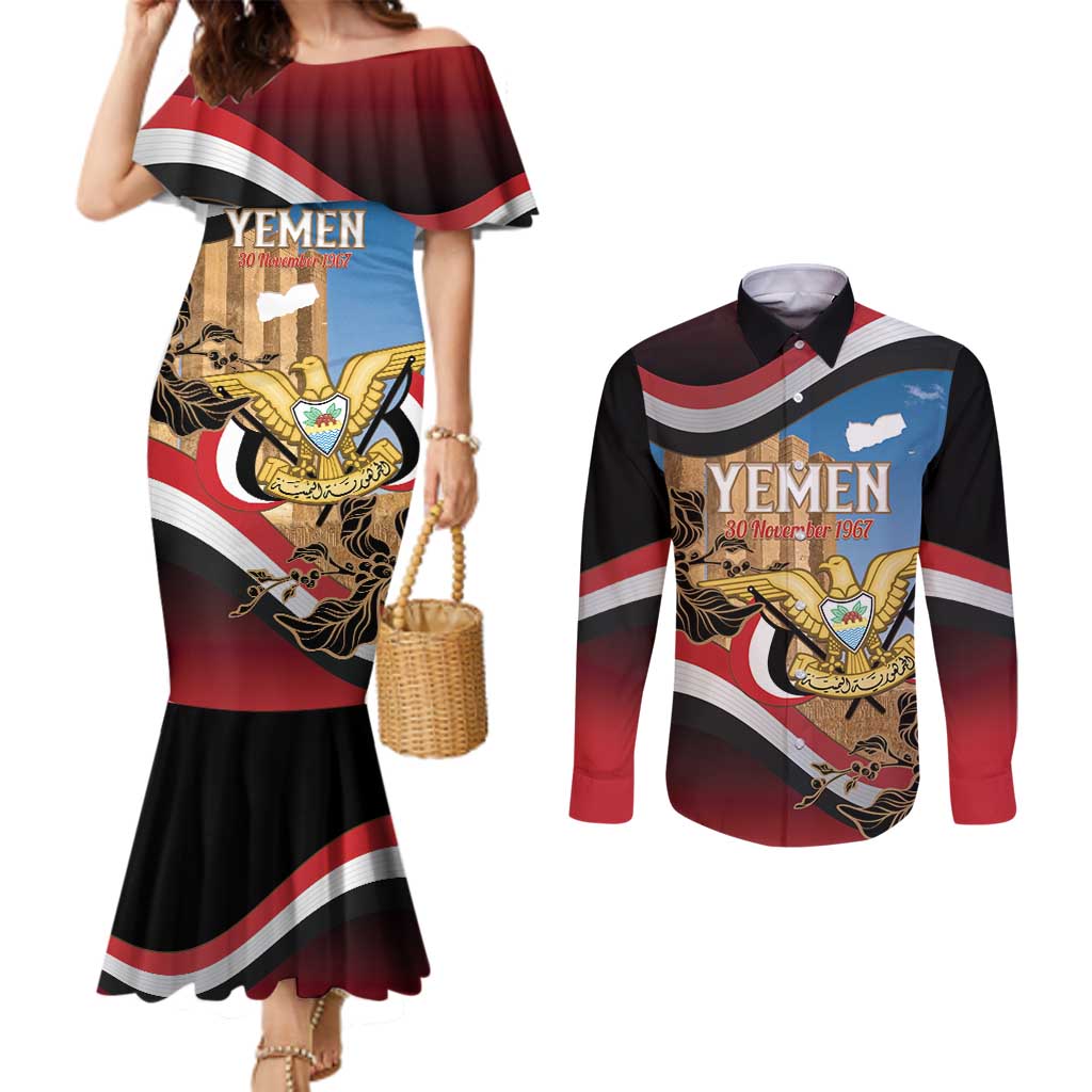 Personalised Yemen Independence Day Couples Matching Mermaid Dress and Long Sleeve Button Shirt Awwam Temple With Coat Of Arms Proud - Wonder Print Shop