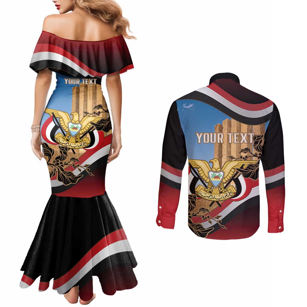 Personalised Yemen Independence Day Couples Matching Mermaid Dress and Long Sleeve Button Shirt Awwam Temple With Coat Of Arms Proud - Wonder Print Shop