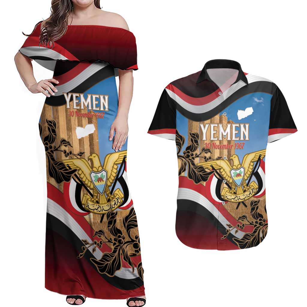 Personalised Yemen Independence Day Couples Matching Off Shoulder Maxi Dress and Hawaiian Shirt Awwam Temple With Coat Of Arms Proud - Wonder Print Shop
