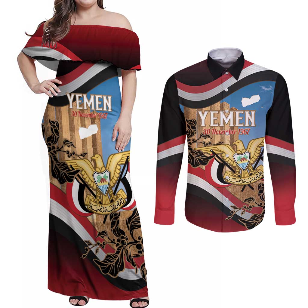 Personalised Yemen Independence Day Couples Matching Off Shoulder Maxi Dress and Long Sleeve Button Shirt Awwam Temple With Coat Of Arms Proud - Wonder Print Shop