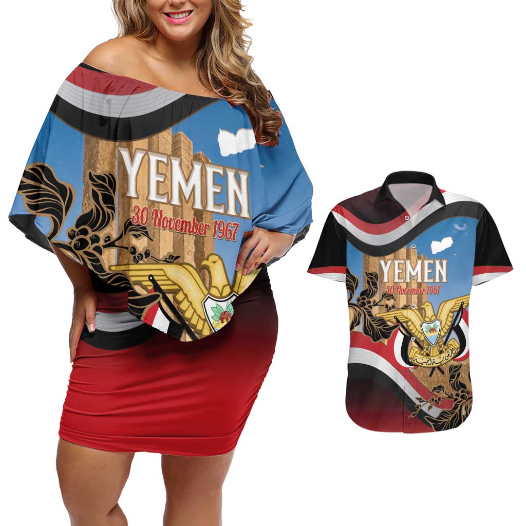Personalised Yemen Independence Day Couples Matching Off Shoulder Short Dress and Hawaiian Shirt Awwam Temple With Coat Of Arms Proud - Wonder Print Shop