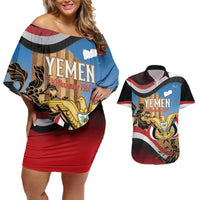 Personalised Yemen Independence Day Couples Matching Off Shoulder Short Dress and Hawaiian Shirt Awwam Temple With Coat Of Arms Proud - Wonder Print Shop