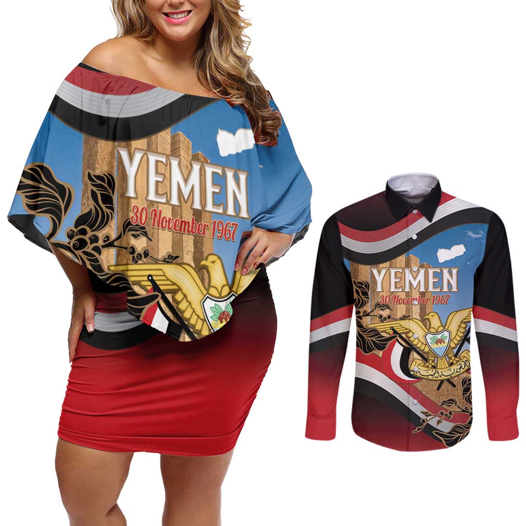 Personalised Yemen Independence Day Couples Matching Off Shoulder Short Dress and Long Sleeve Button Shirt Awwam Temple With Coat Of Arms Proud - Wonder Print Shop
