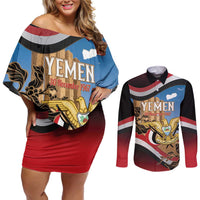 Personalised Yemen Independence Day Couples Matching Off Shoulder Short Dress and Long Sleeve Button Shirt Awwam Temple With Coat Of Arms Proud - Wonder Print Shop