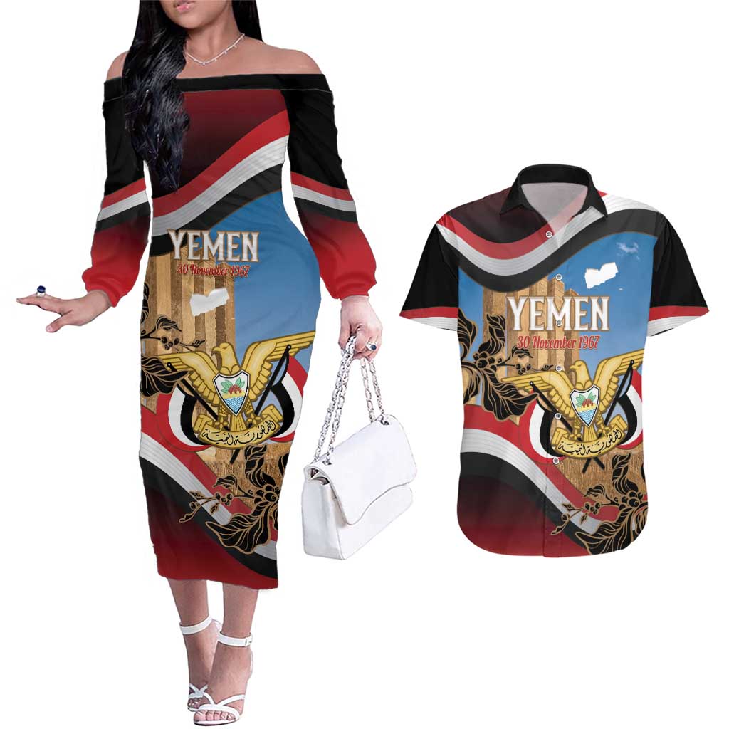 Personalised Yemen Independence Day Couples Matching Off The Shoulder Long Sleeve Dress and Hawaiian Shirt Awwam Temple With Coat Of Arms Proud - Wonder Print Shop