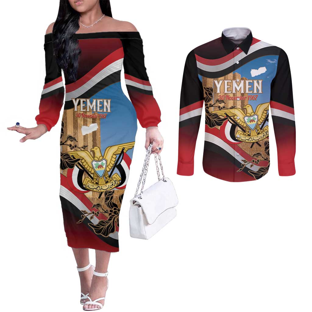 Personalised Yemen Independence Day Couples Matching Off The Shoulder Long Sleeve Dress and Long Sleeve Button Shirt Awwam Temple With Coat Of Arms Proud - Wonder Print Shop