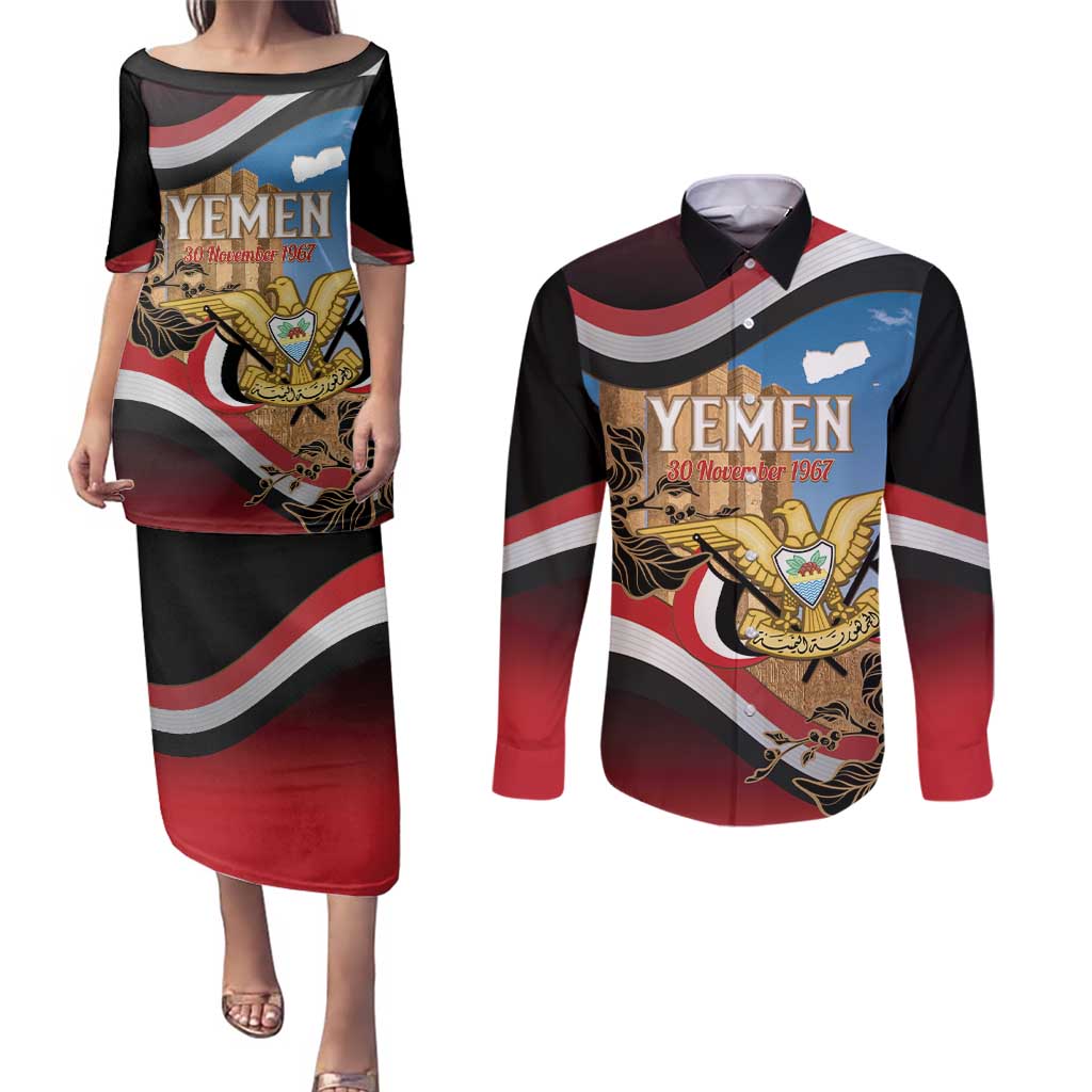 Personalised Yemen Independence Day Couples Matching Puletasi and Long Sleeve Button Shirt Awwam Temple With Coat Of Arms Proud - Wonder Print Shop