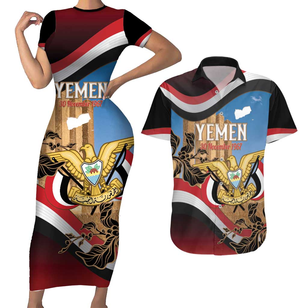 Personalised Yemen Independence Day Couples Matching Short Sleeve Bodycon Dress and Hawaiian Shirt Awwam Temple With Coat Of Arms Proud - Wonder Print Shop
