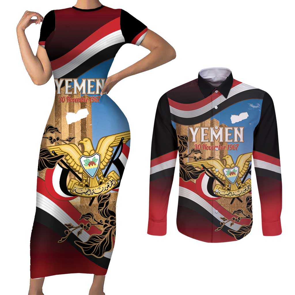 Personalised Yemen Independence Day Couples Matching Short Sleeve Bodycon Dress and Long Sleeve Button Shirt Awwam Temple With Coat Of Arms Proud - Wonder Print Shop