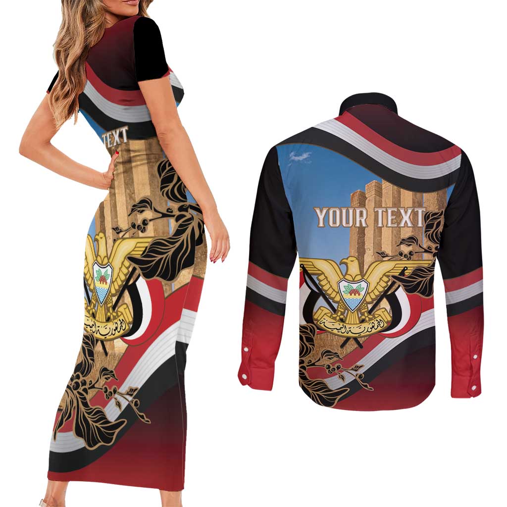 Personalised Yemen Independence Day Couples Matching Short Sleeve Bodycon Dress and Long Sleeve Button Shirt Awwam Temple With Coat Of Arms Proud - Wonder Print Shop