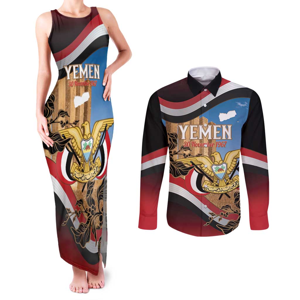 Personalised Yemen Independence Day Couples Matching Tank Maxi Dress and Long Sleeve Button Shirt Awwam Temple With Coat Of Arms Proud - Wonder Print Shop