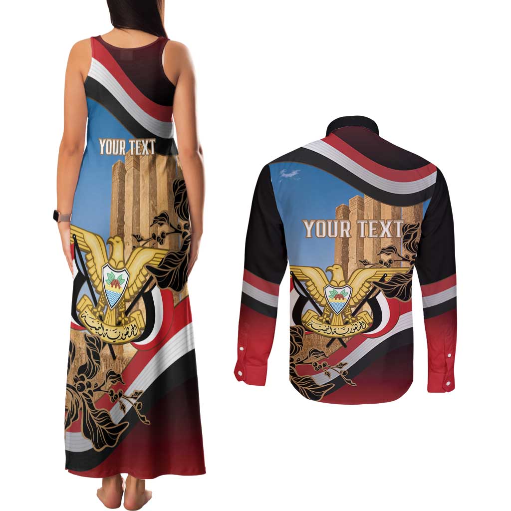 Personalised Yemen Independence Day Couples Matching Tank Maxi Dress and Long Sleeve Button Shirt Awwam Temple With Coat Of Arms Proud - Wonder Print Shop
